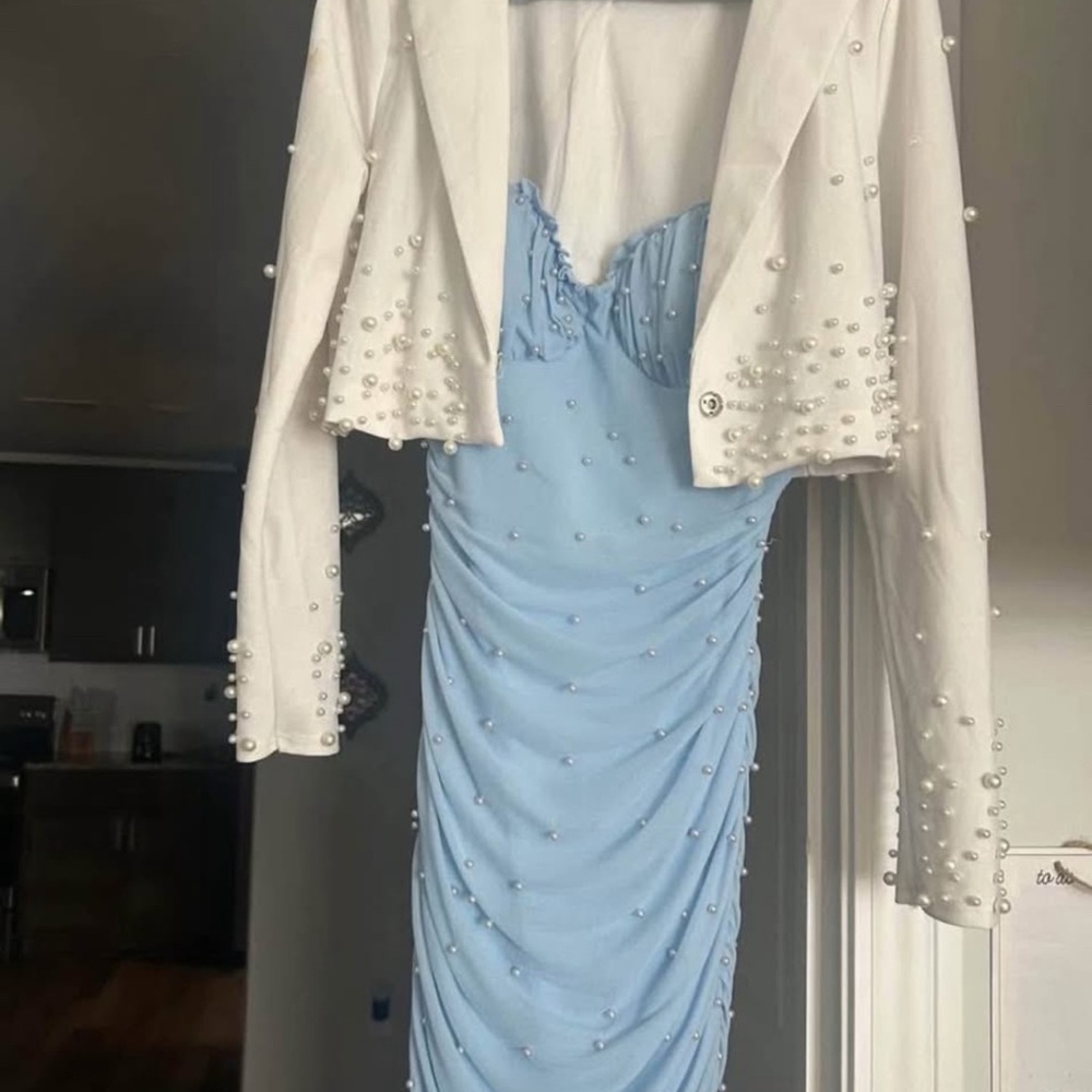 Windsor White Pearl-Embellished Jacket and Light Blue Ruched Dress